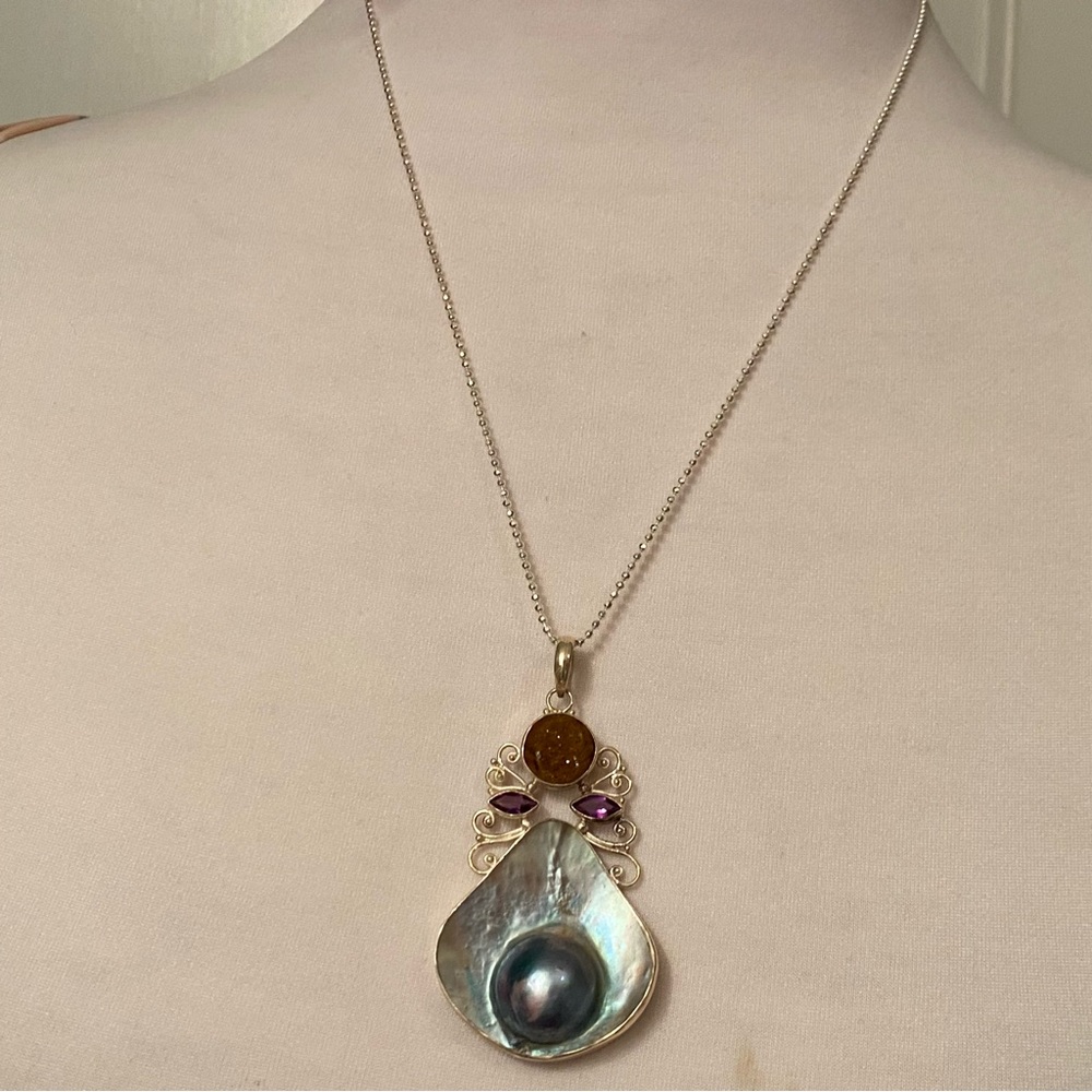 NECKLACE AGI STERLING SILVER BALL CHAIN 20” MABE BLISTER PEARL DRUZY ENHANCER